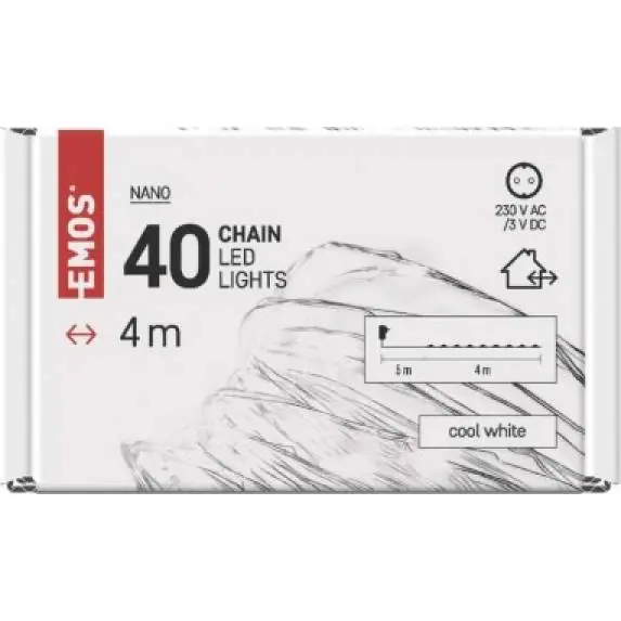 D3AC02 LED vánoční nano řetěz stříbrný, 4 m, venkovní i vnitřní, studená bílá, časovač EMOS Lighting